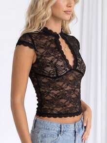 Chaqueta de cuello V con llavero para mujeres camisetas de encaje delgadas de moda de manga corta en verano - Negro - Ver 6