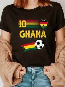 Ghana Flag With Vibrant Red, Yellow, And Green Colors Alongside The Number Ten And A Ball, Reflecting National Pride And Passion For Football. A Modern, Comfortable, And Casual Women's T-Shirt. - 黑色 - 查看 8