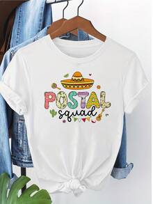 Women's T-Shirt With Mexican Style Print Design, 100% Cotton, Short Sleeve, Round Neck, Casual Top, Suitable For Summer And Spring, Women's Clothing, Women's Tops. - 白色 - 查看 1