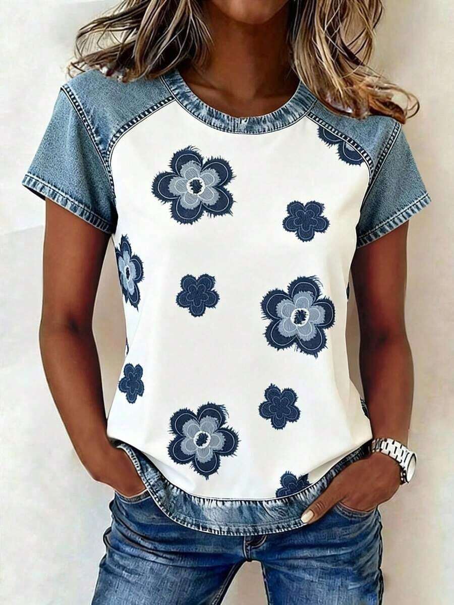 Women's Casual T-Shirt With Print, Round Neck And Short Sleeve - 多色 5 - 查看 1