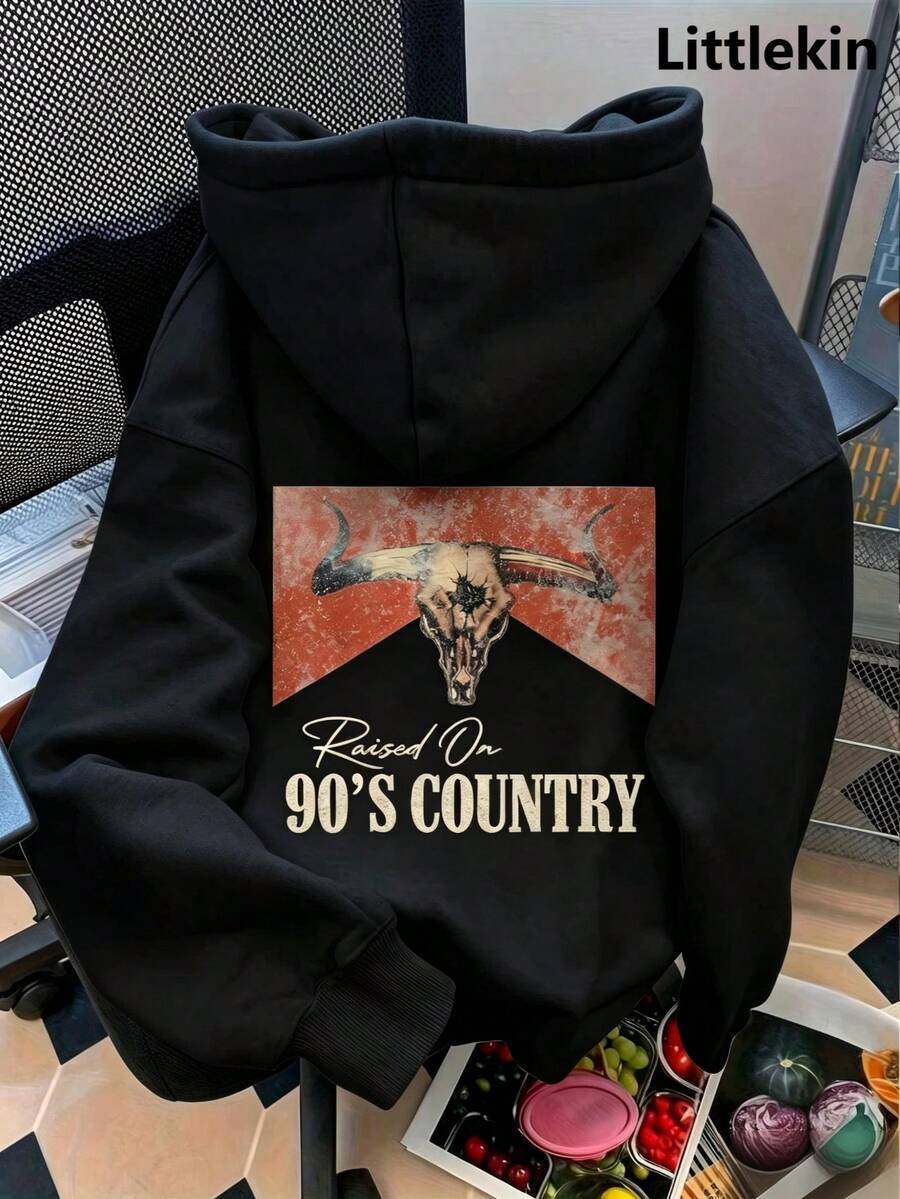 90sCountryWesternBullGraphic HoodieVintageWomenHoodieFallClothesForWomenNewFallFashionForWomenSolidColorLongSleevePocketDroppedShoulderCasualHoodieFor - 黑色 - 查看 1
