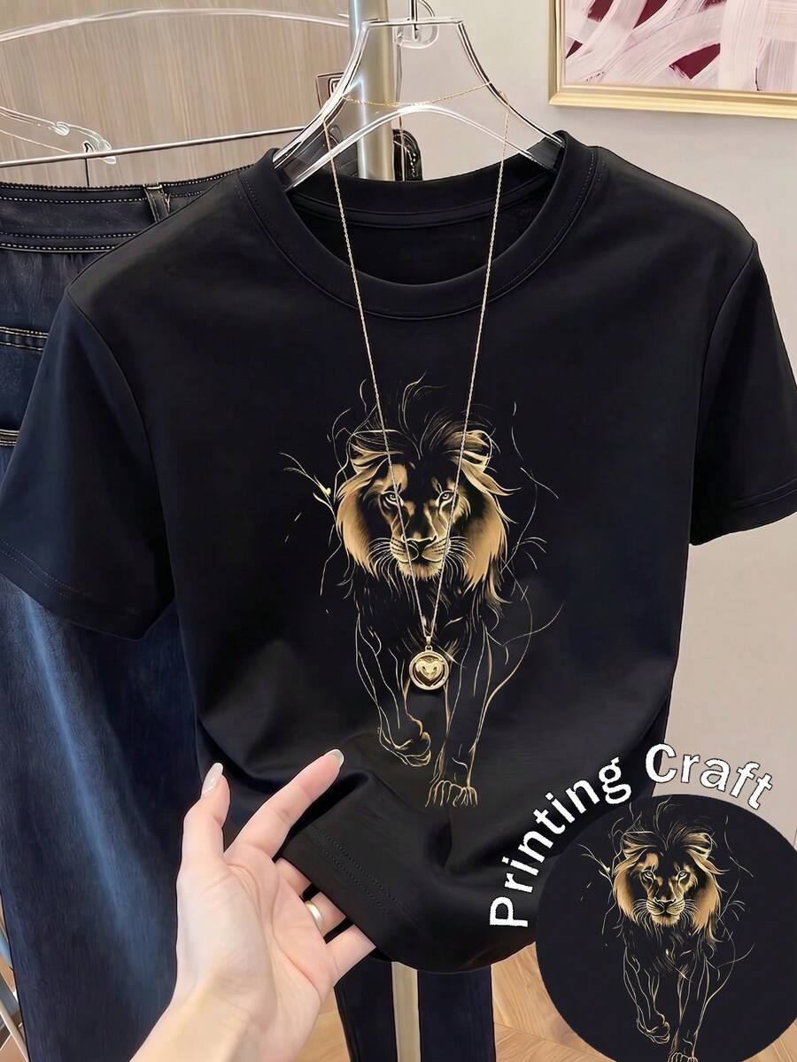 Impala Women's Short-Sleeved Printed T-Shirt, Spring Clothing, Holiday Outfit, White For Summer, Beach Look, Vacation Style, Country Style, Women's Office Outfit. - 黑色 - 查看 1