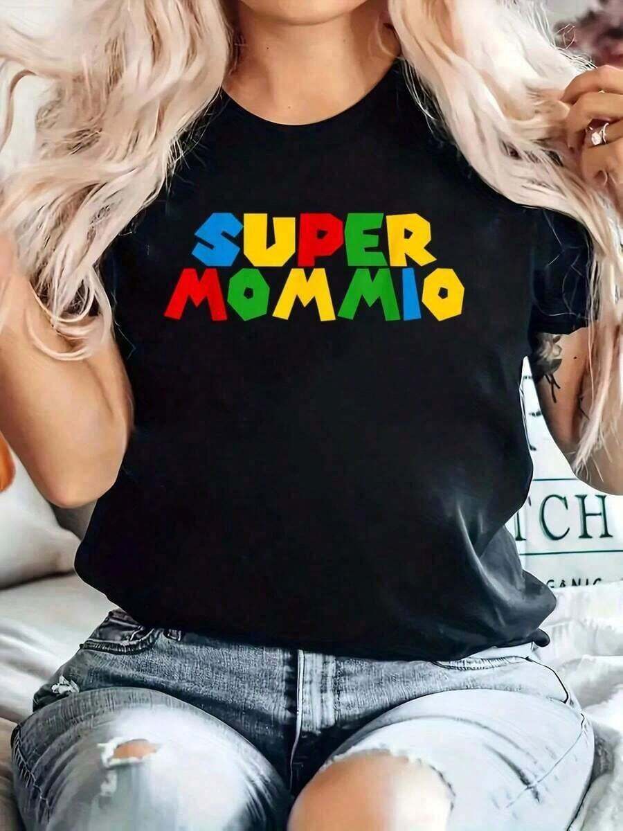 Super Gamer Mommio T-Shirt For Mother's Day From Her Husband And Children, Printed T-Shirt, Casual, Round Neck, Short Sleeve, Comfortable, For Spring And Summer, Women's Clothing, Cotton T-Shirt. - 黑色 - 查看 1