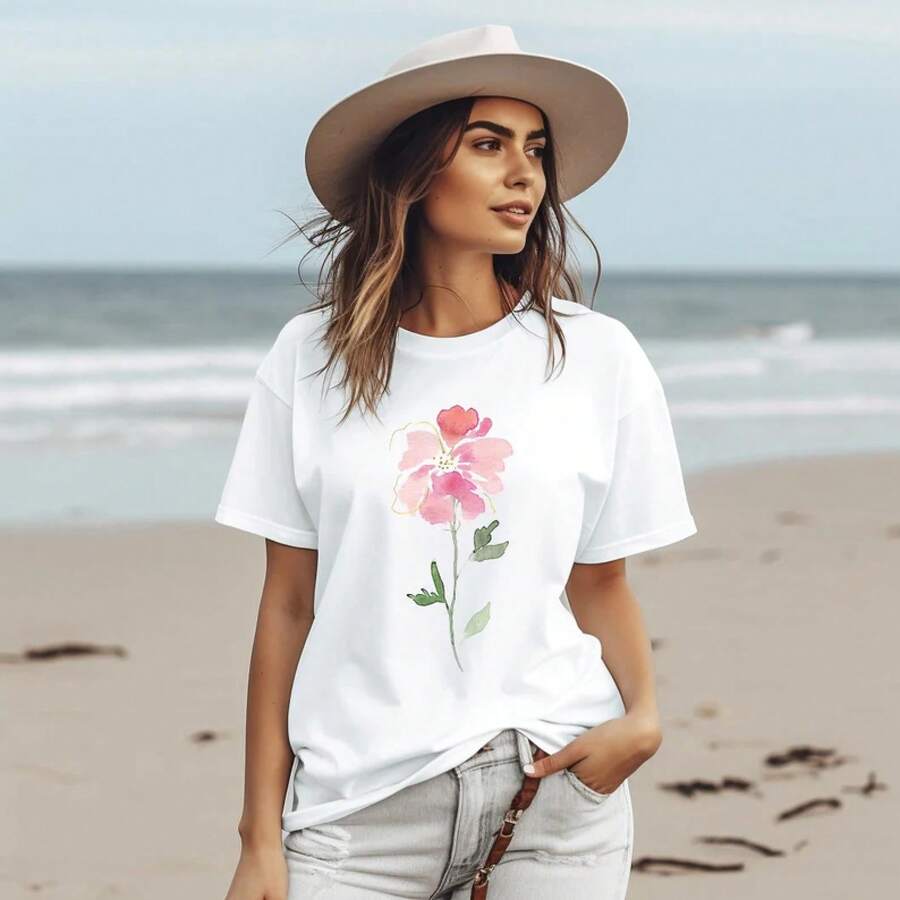 Watercolor Floral Shirt, Watercolor Spring Floral T-Shirt, Floral Shirt, Gift For Women, T-Shirt For Mom, Wildflower T-Shirt, T-Shirt, Blouses For Women, Shirt, Print, Blouses For Ladies. - 白色 - 查看 1