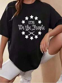 Women's Summer T-Shirt, Simple And Versatile Design, With A Star Print And The 1776 "We Are The People" Gun Cross Design, Round Neck - Comfortable And Versatile, Suitable For Beach Holidays And As An Easter Gift. 100% Cotton T-Shirt - 黑色 - 查看 1