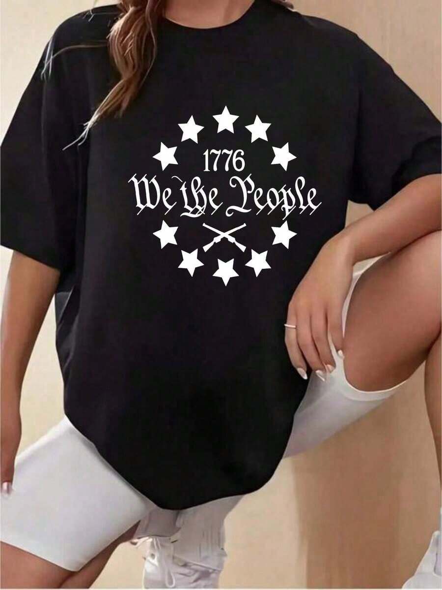 Women's Summer T-Shirt, Simple And Versatile Design, With A Star Print And The 1776 "We Are The People" Gun Cross Design, Round Neck - Comfortable And Versatile, Suitable For Beach Holidays And As An Easter Gift. 100% Cotton T-Shirt - 黑色 - 查看 1