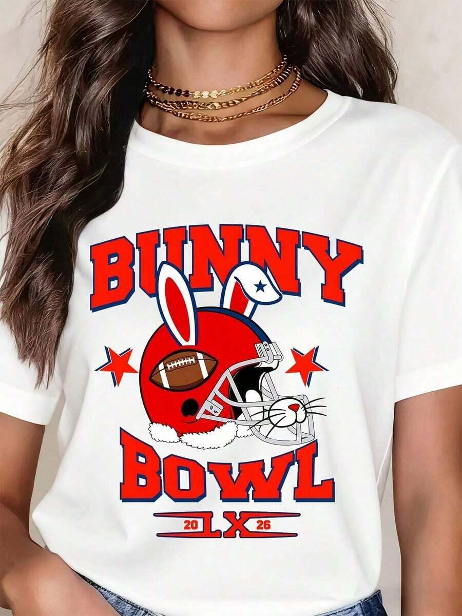 White Round Neck T-Shirt With American Football Helmet Print With Rabbit Ears And Stars For Casual Wear. - White - View 1