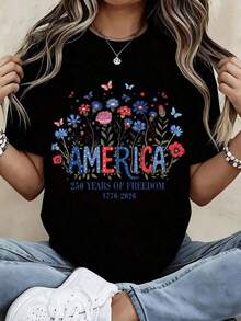 Women's America 250 Years Of Freedom 1776-2026 T-Shirt, Patriotic Floral Print, Women's Clothing, Independence Day Celebration, Casual White Top For Everyday Wear - 黑色 - 查看 8
