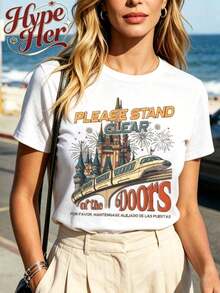 HypeHer Women's New Summer 2026 T-Shirt, Short Sleeve, Regular Crew Neck, Casual Monorail Theme Print, Cotton Blend, Ideal Gift For Girls Or Moms, Summer Fit For Women. Breathable And Comfortable. - 白色 - 查看 3