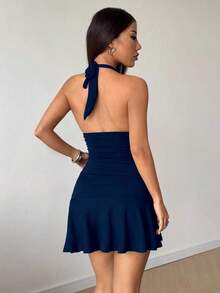 Vestido mini sexy de cuello de halter negro, ropa casual de resort, primavera/verano - Azul marino - Ver 2