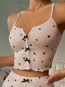Top de pijama de mujer con estampado de corazones y decoración de moño - Albaricoque - Ver 3