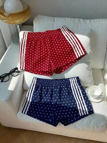 2 piezas Shorts casuales de estilo callejero para mujer con contraste de color en la cinta, shorts de lunares, verano - Multicolor - Ver 4