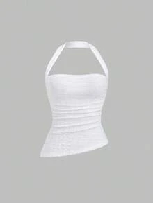 Camiseta de mujer de cuello halter liso, casual para uso diario estilo Y2K - Blanco - Ver 6