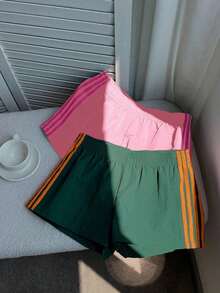 2 piezas Shorts casuales de estilo callejero para mujer con contraste de color en la cinta, shorts de lunares, verano - Multicolor 15 - Ver 4