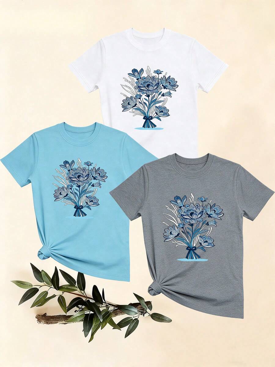 Women's T-Shirts, Women's T-Shirts, Casual One-Piece Floral Print T-Shirt, Comfortable Short-Sleeved Round Neck Top, Versatile Basic T-Shirt And A. - 1件白色隨機圖案 - 查看 1
