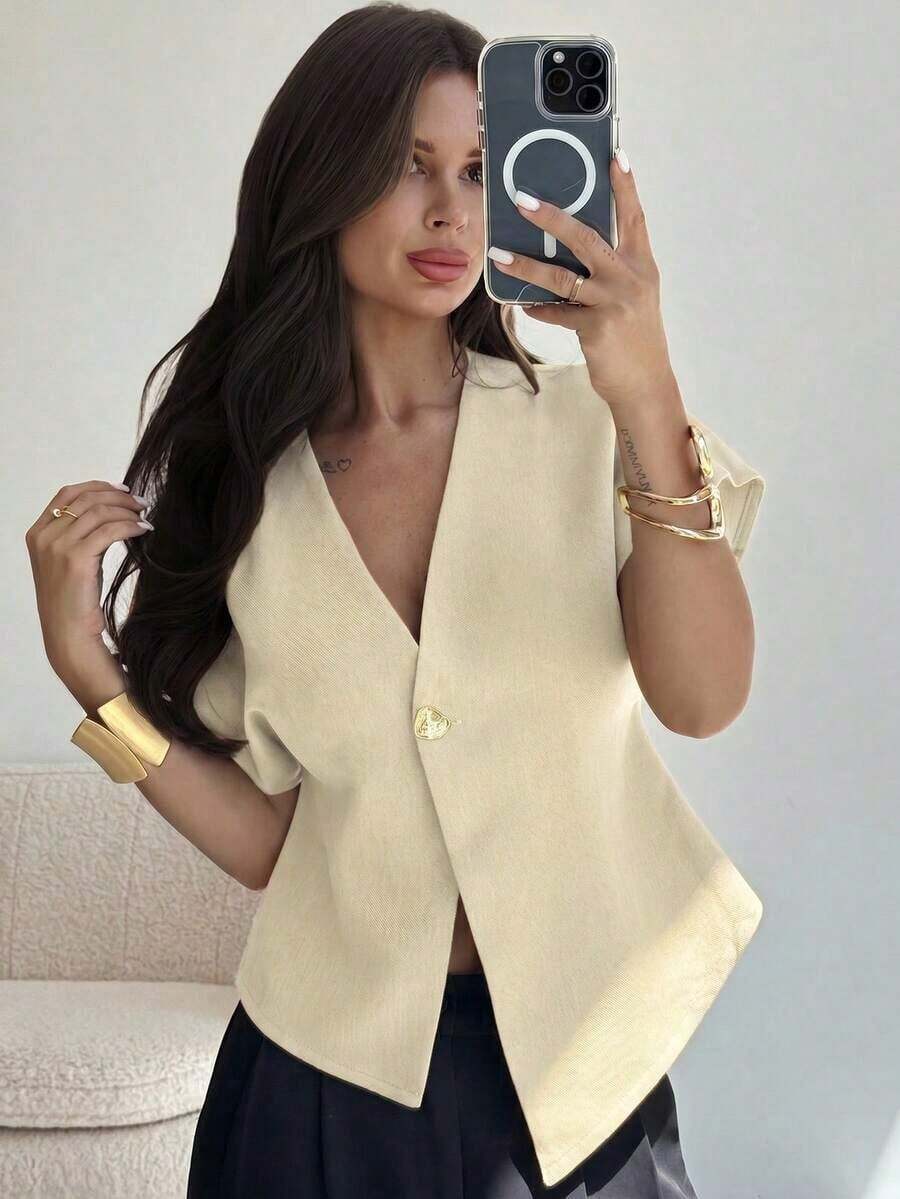 Blusa casual de manga murciélago asimétrica de unicolor mostaza, elegante, simple, estilosa y minimalista, versátil para el uso diario y el transporte, de alta gama, minimalista y desconstructiva, con manga de murciélago oversize y cuello en V de - Amarillo claro - Ver 1