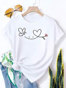 Women's Round Neck T-Shirt With Floral Print,  Face And Butterflies, Casual Style, Fashion, Elegant, Retro, Adult Top, Short Sleeve, Comfortable Fit, Durable Construction, Printed Pattern, Daily Fashion, Loose And Comfortable, Casual Style. - 白色 - 查看 6