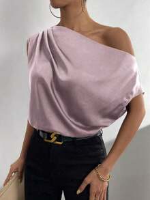 Blusa de satén con cuello asimétrico y hombro descubierto - Púrpura malva - Ver 5