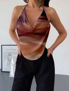 Top de cuello halter para fiesta sin espalda con fornteras drapeadas y diseño sólido - Multicolor 7 - Ver 4