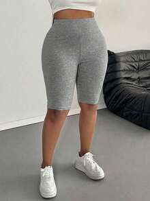 Leggings básicos de color liso para mujer de talla grande, apropiados para shorts de verano hasta la mitad del muslo, adecuados para personas de estatura talla grande baja, leggings de cintura alta, para uso diario, ocio, deportes, vera - Gris Claro - Ver 6