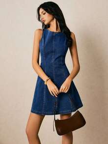 Vestido de mezclilla sin mangas con cuello redondo, espalda descubierta y atar atrás, para mujer en verano - Azul lavado oscuro 2 - Ver 6