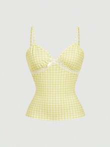 Camiseta de tirantes casual con encaje y estampado de cuadros para mujer - Amarillo claro - Ver 2