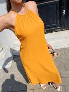 Vestido casual de vacaciones de corte moderno, de cuello halter, cruzado y con nudo en la espalda - Amarillo - Ver 4