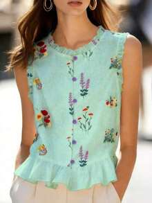 Nueva llegada de primavera/verano Blusa sin mangas con volantes de estampado floral francés dulce y único, elegante top de tirantes - verde menta - Ver 1