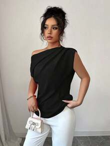 Blusa de unicolor con cuello asimétrico y plisado a la moda para mujeres - Negro - Ver 6