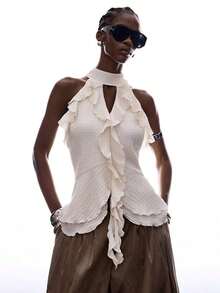 Elegant Solid Color Halter Top With Ruffles For Women - 貝斯 - 查看 7
