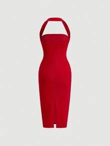 Vestido ajustado con cuello de halter fruncido y espalda descubierta - Rojo - Ver 2