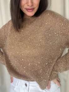 女款亮片馬海毛鏤空針織上衣，秋季新品，適合日常通勤、約會、派對，輕鬆打造溫柔閃耀的優雅造型，高CP值，假日出遊、機場穿搭 - 駝色 - 查看 2