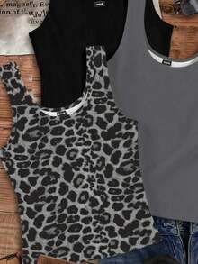 Set de 3 camisetas de tirantes de cuello redondo casuales para mujer, versátiles para el verano - Multicolor 4 - Ver 3