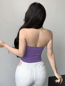 Top corto de mujer sin mangas con cuello de halter y envolvente de unicolor - Morado - Ver 3