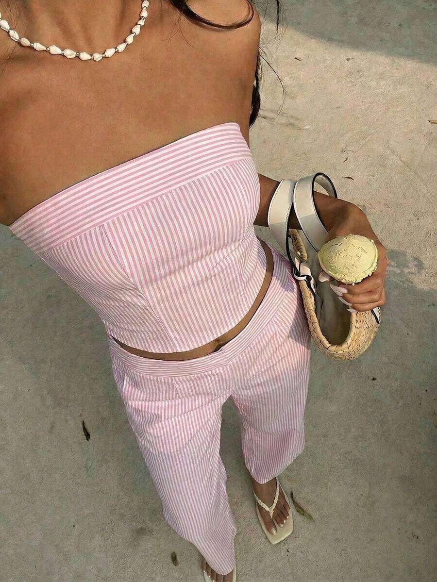 Conjunto de top bandeau a rayas amarillas y pantalones de cintura alta para mujer, ajustado, de moda y versátil para la calle, vacaciones, primavera/verano - Púrpura malva - Ver 1