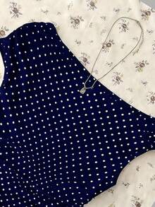 Blusa corta asimétrica fruncida para mujer, estampado de lunares en blanco y negro - Azul marino - Ver 3