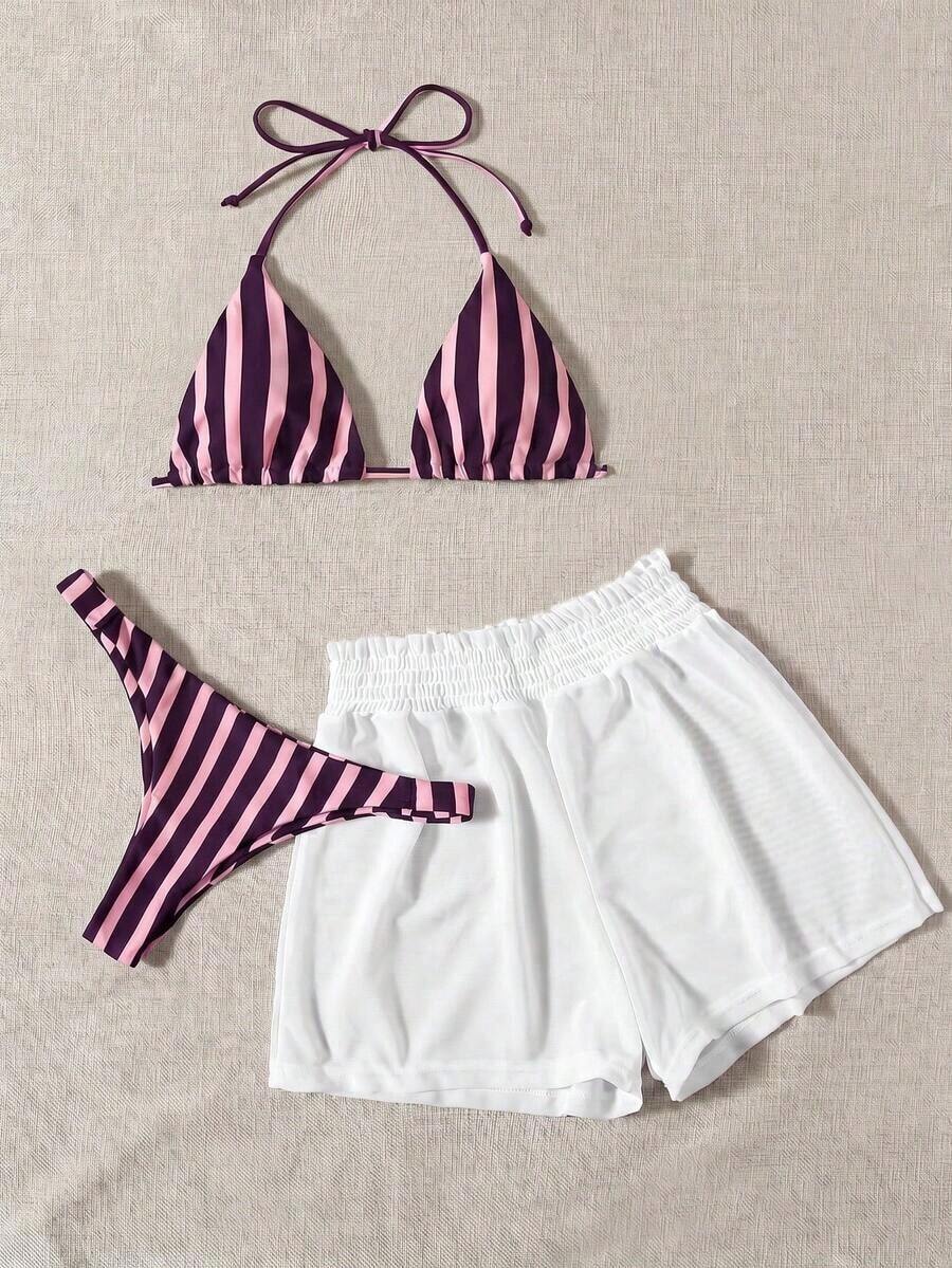 3 piezas de bikini - Bottom a rayas azul y blanco, shorts de cubrir blancos, ropa de playa casual para vacaciones de primavera/verano, fiesta en la playa - Multicolor 2 - Ver 1