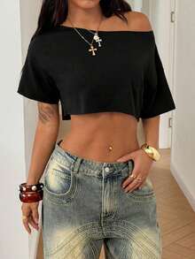 Top corto asimétrico de mujer con cuello blanco y flecos, camiseta de manga corta de moda versátil Y2K oversize y sexy, para primavera/verano - Negro - Ver 3