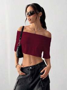 Top corto asimétrico de mujer con cuello blanco y flecos, camiseta de manga corta de moda versátil Y2K oversize y sexy, para primavera/verano - Burdeos - Ver 4