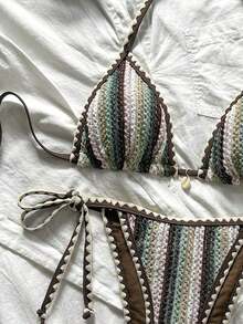 Conjunto de bikini de 2 piezas para mujer de verano con tela jacquard de unicolor, volantes en el borde y tirantes ajustables - Multicolor - Ver 4