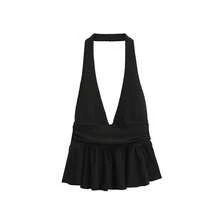 HH mujeres Vintage sólido Halter chaleco dobladillo con volantes señora Sexy espalda descubierta sin mangas cuello en V Tops verano fino Casual vacaciones Chic Top - Negro - Ver 5