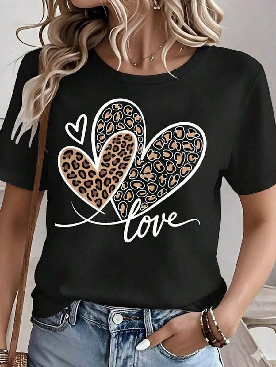CasualPlayera Blanca de Mujer con Tres Corazones de Leopardo, Camiseta con Frase de Amor "Love" Manga Corta, Top Moderno de Estampado Animal Chic, Blusa Casual de Moda Urbana para DiarioMust-have - Negro - Ver 1
