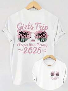 Camiseta con Gráficos Frontales y Traseros para Viaje de Chicas 2026, Estilo Vacaciones en la Playa con Palmeras y Gafas de Sol, Adecuada para Vacaciones de Verano, Top Casual de Manga Corta de Color Sólido para Mujer, Diseño de Cuello Redondo, Gráficos de Doble Cara en Negro. - Blanco - Ver 1