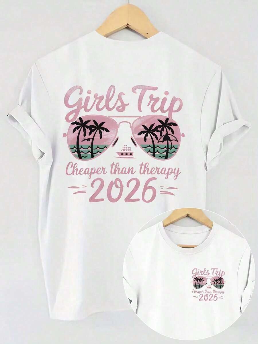 Camiseta con Gráficos Frontales y Traseros para Viaje de Chicas 2026, Estilo Vacaciones en la Playa con Palmeras y Gafas de Sol, Adecuada para Vacaciones de Verano, Top Casual de Manga Corta de Color Sólido para Mujer, Diseño de Cuello Redondo, Gráficos de Doble Cara en Negro. - Blanco - Ver 1
