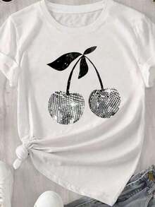 Women's Black Cat Print T-Shirt For Everyday And Weekend Wear, Y2K, HarAJsuku, Short Sleeves, Fun Fashion, Round Neck, Regular Fit, Loose And Comfortable - 白色 4 - 查看 1