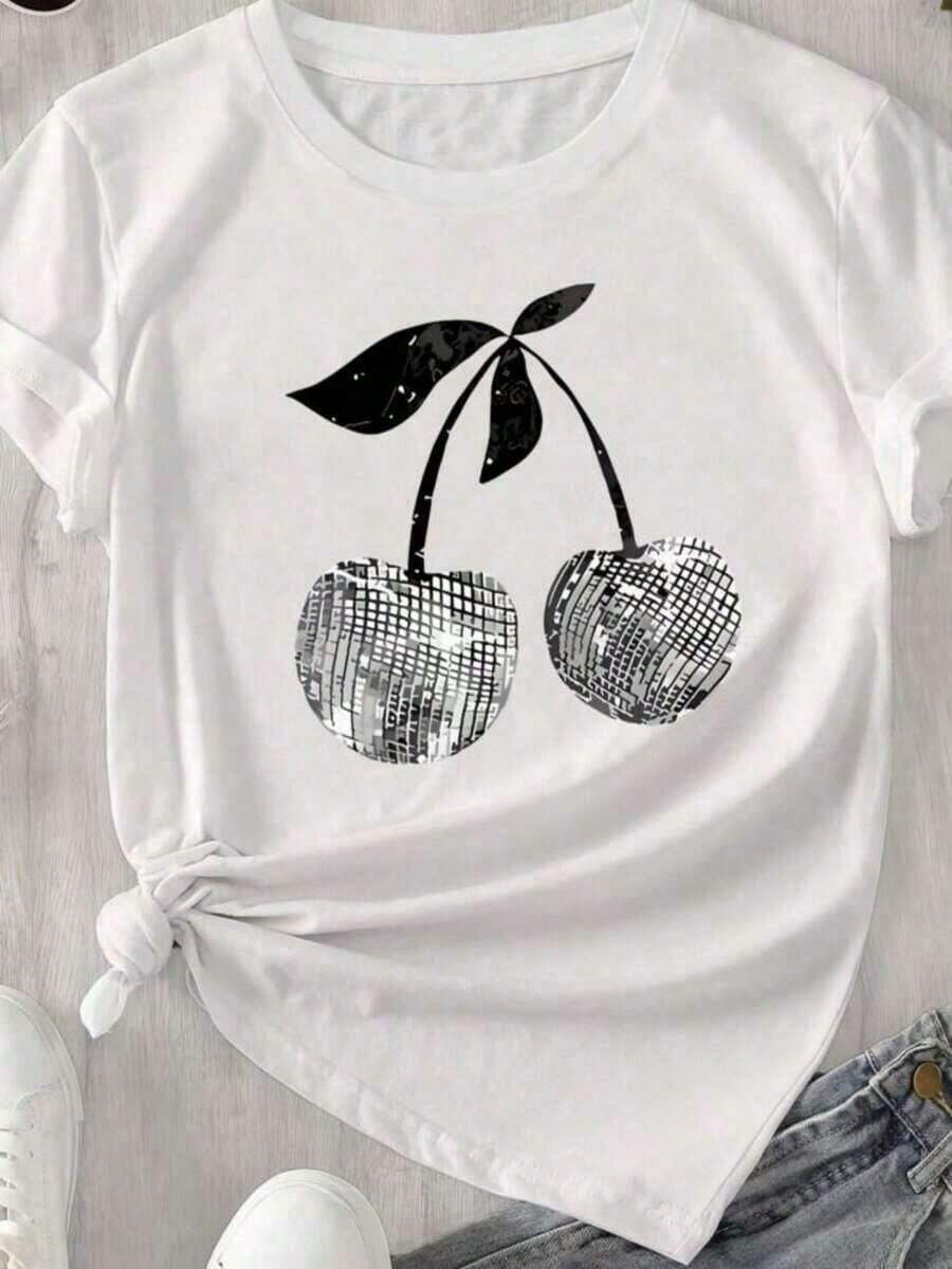 Women's Black Cat Print T-Shirt For Everyday And Weekend Wear, Y2K, HarAJsuku, Short Sleeves, Fun Fashion, Round Neck, Regular Fit, Loose And Comfortable - 白色 4 - 查看 1