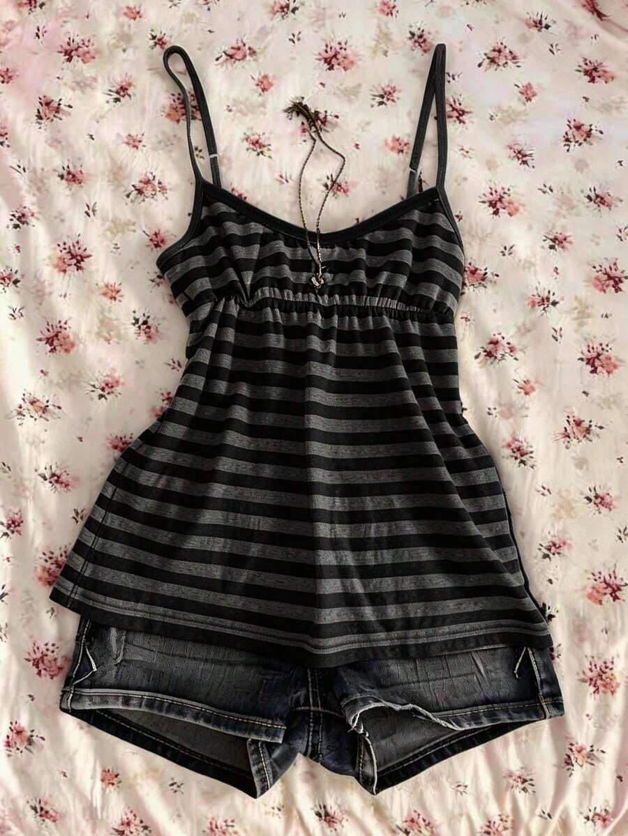 Camiseta de tirantes de mujer de rayas estilo retro Y2K casual de verano - Negro - Ver 1