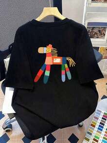 Playera de Mujer Cuello Redondo con Estampado de Caballo de Colores Estilo Patchwork Casual de Manga Corta Ajuste Regular Suave y Transpirable Moda Creativa para Verano - Negro - Ver 1