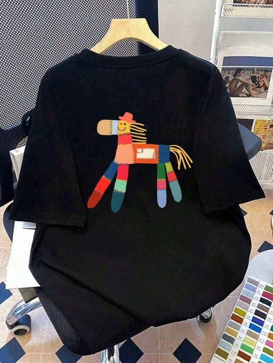 Playera de Mujer Cuello Redondo con Estampado de Caballo de Colores Estilo Patchwork Casual de Manga Corta Ajuste Regular Suave y Transpirable Moda Creativa para Verano - Negro - Ver 1