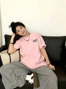Women's Casual Cotton T-Shirt, Short Sleeve And Round Neck, With A Cute Print On The Back, Perfect For Everyday Wear, Regular Length, With Moderately Elastic Fabric, Cute And Casual Style. - ピンク - 查看 2